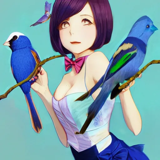 Image similar to colored pencil, anime art, beautiful full body female pinup girl, she is holding an indigo bunting bird, in her hand, the bird is wearing a bowtie, wlop, rossdraws sakimimichan, ilya kuvshinov, krenz cushart, greg rutkowski