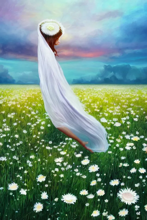 Image similar to veil of giant white daisy flower as head, girl dancing in a flower field, surreal photography, sunrise, dramatic light, impressionist painting, colorful clouds, digital painting, artstation, simon stalenhag