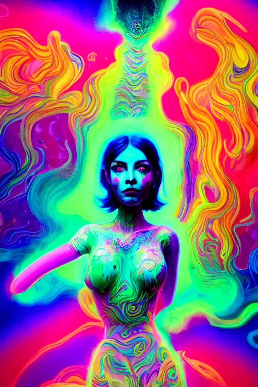 Image similar to a beautiful girl engulfed in colorful liquid smoke and neon clouds, a colorful psychedelic experience, psilocybin, dmt, lsd, face, highly detailed, artstation, concept art, sharp focus, by hana yata, and artem demura and beeple, lisa frank, shannon maer, octane render, unreal engine, 8 k