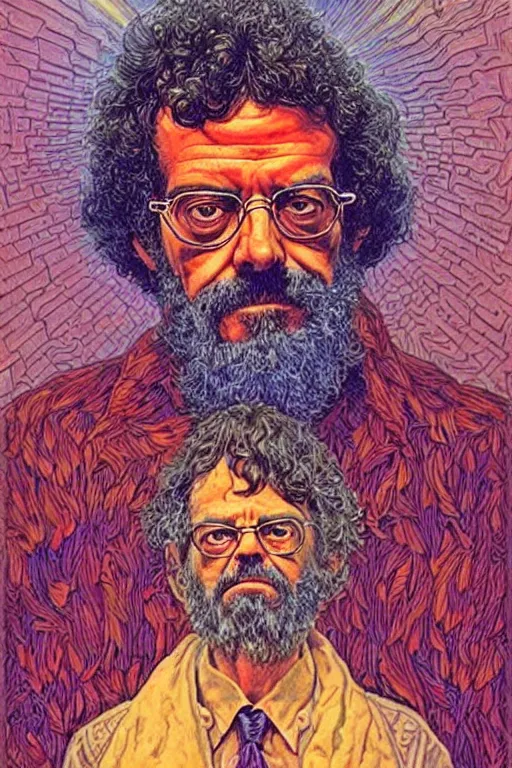 Image similar to an awesome jean giraud portrait of terence mckenna in the style of a rennaissance masters portrait, mystical and occult symbolism