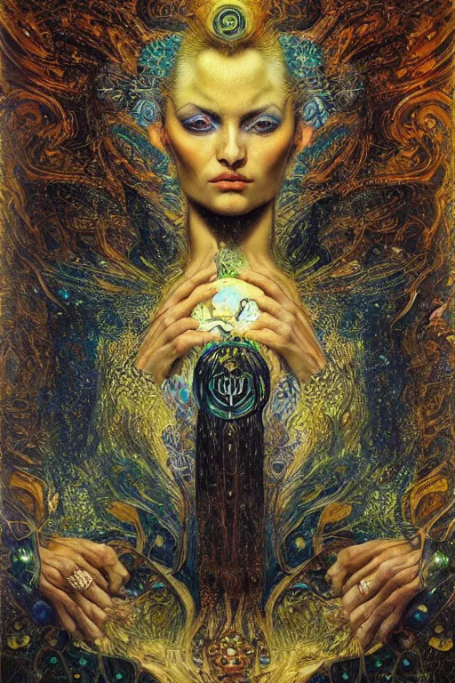 Image similar to Divine Chaos Engine by Karol Bak, Jean Deville, Gustav Klimt, and Vincent Van Gogh, beautiful visionary mystical portrait, sacred, otherworldly, fractal structures, surreal, ornate gilded medieval icon, third eye, spirals