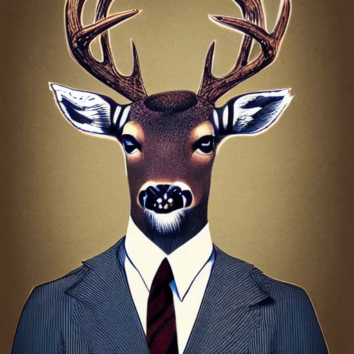 Image similar to a upper body portrait of a deer in a pinstriped suit and pants wearing a fedora with the antlers sticking out of the fedora by artgerm and wlop, intricate detail, digital art, photorealistic, trending on artstation