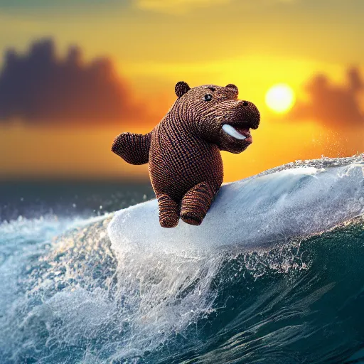 Image similar to a closeup photorealistic photograph of a cute smiling knitted tiger hippopotamus riding a wave at sunset. surf in background. professional capture. brightly lit scene. this 4 k hd image is trending on artstation, featured on behance, well - rendered, extra crisp, features intricate detail, epic composition and the style of unreal engine.