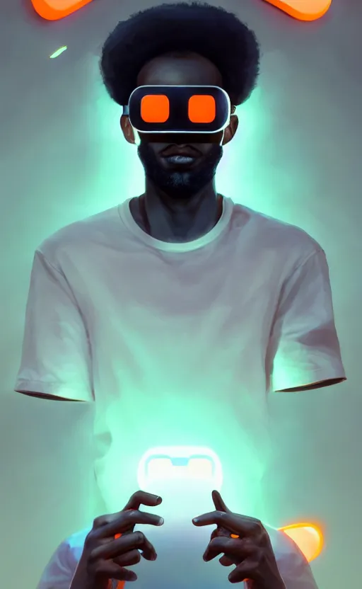 Image similar to handsome black genius hacking the metaverse, vr headset, white t - shirt and jordans floating, three dimensional holographs and translucent orange glow, highly detailed, digital painting, artstation, concept art, smooth, sharp focus, illustration, art by wlop, uang guangjian and gil elvgren and sachin teng and greg rutkowski