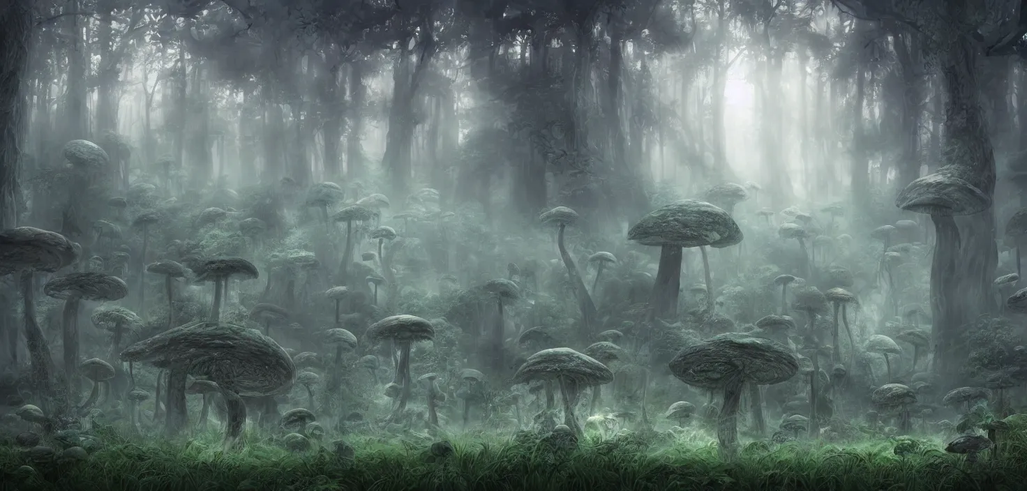 Prompt: a distant dense forest of giant bismuth mutated mushrooms, intricate, highly detailed, organic, volumetric fog, concept art, masterpiece