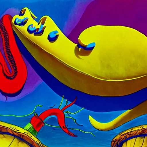 Prompt: A giant squid holding a yellow submarine, artist is Dr Seuss, vivid colors, kinetic, action shot,