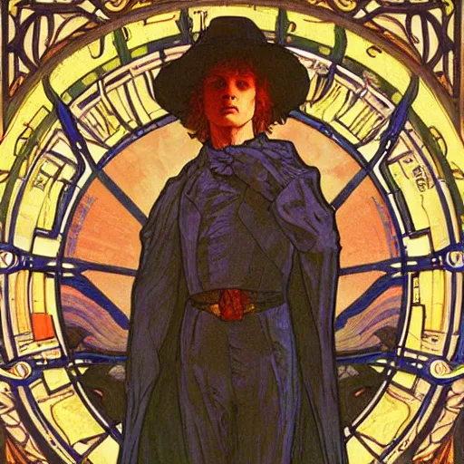 Prompt: thomas newton, the man who fell to earth, mucha style,