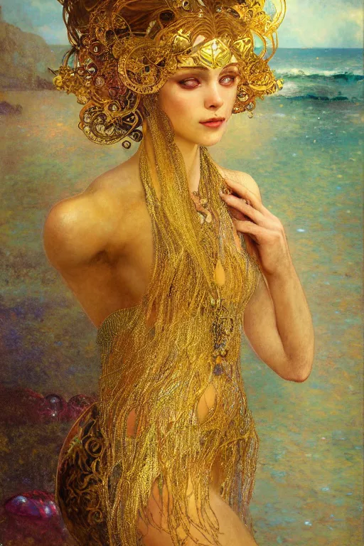 Image similar to an intricate painting of a beautiful young mermaid with klimt golden motives and textures, hyper detailed, ornamental gold headpiece, octane render, vivid colors, artstation, by jeremy mann, by alphonse mucha, by boris vallejo