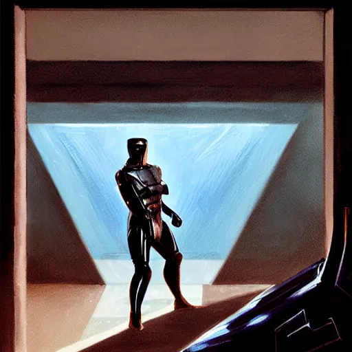 Image similar to sylvester stallone in ancient greece sci - fi armor, tech noir, wet reflections, prism, atmospheric, ambient, pj crook, syd mead, livia prima, greg rutkowski, edward hopper