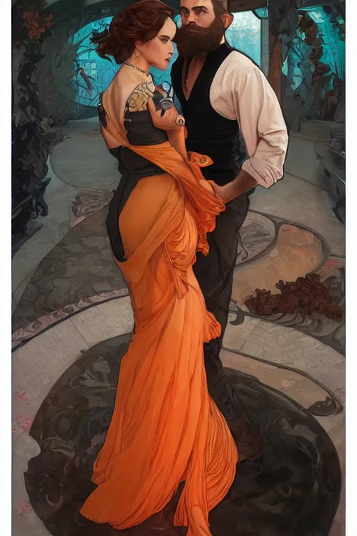 Image similar to bearded young man wearing orange t - shirt and tinfoil hat fastens zipper on beautiful black dress of his spouse before going to exquisite gala art by artgerm and greg rutkowski and charlie bowater and magali villeneuve and alphonse mucha