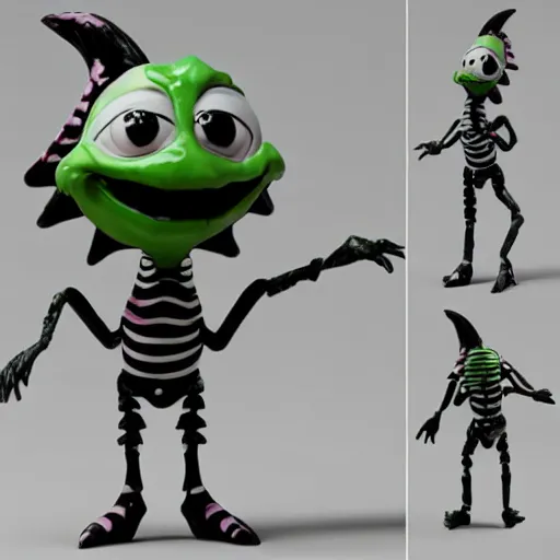 Image similar to plastic toy cute figurine of beetlejuice, blender, unreal engine, concept art, octane render, highly detailed, smooth, sharp focus