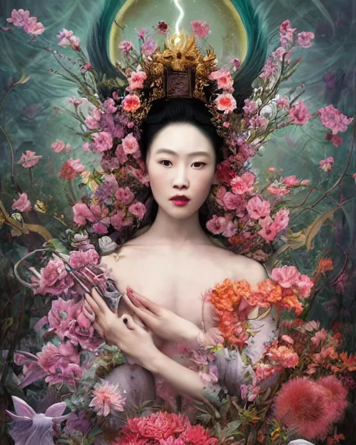 Image similar to portrait of the chinese queen of the underworld, surrounded by flowers by karol bak, james jean, tom bagshaw, rococo, sharp focus, trending on artstation, cinematic lighting, hyper realism, octane render, 8 k, hyper detailed.