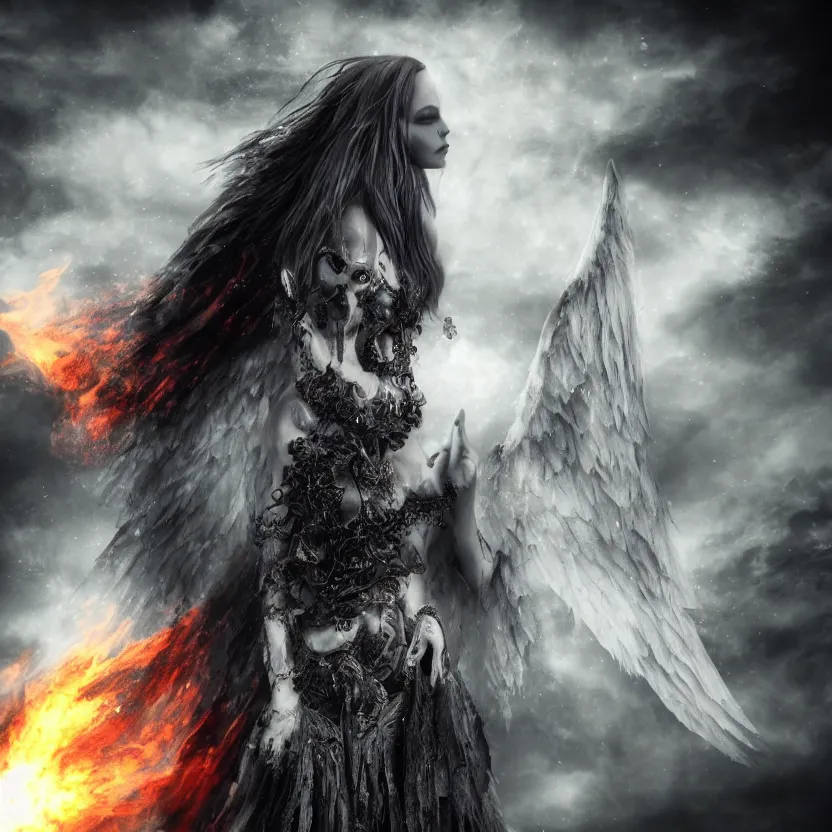 Image similar to stunning Gothic angel of epic cosmic of fire ice dark and mysterious, atmospheric, ominous, eerie, cinematic, Epic, 8k, 4k, ultra detail, ultra realistic, rendered by awesomeness