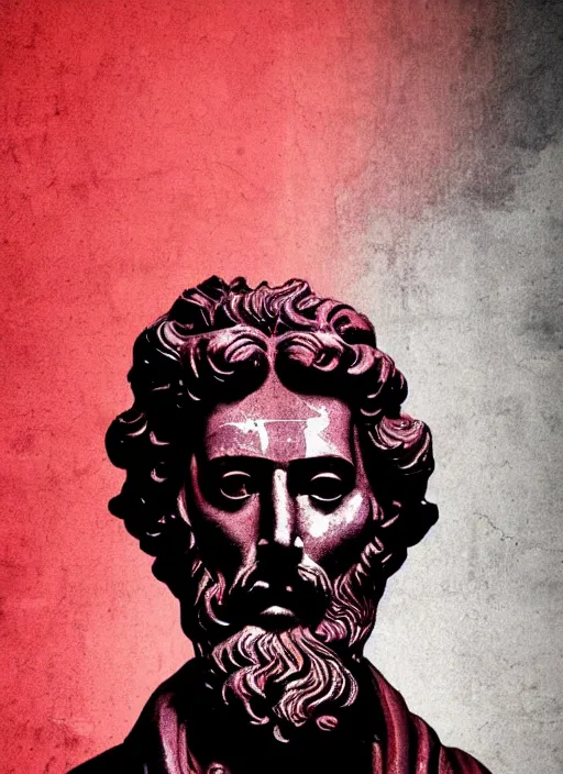 Prompt: design poster showing a statue of marcus aurelius, black background with very subtle red and purple design elements, powerful, nekro, guido crepax, graphic design, collage art, thin lines, dark, glitch art, neo vaporwave, gritty, layout frame, square, trending on artstation