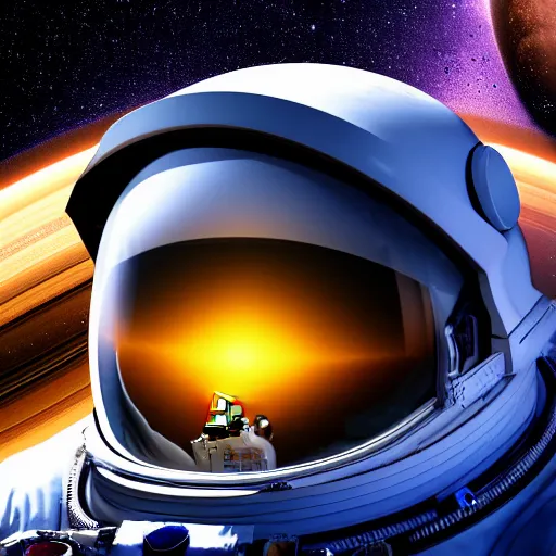 Image similar to astronaut floating in space, with reflection of saturn on it's helmet, HDR, natural light, galaxy, Ray tracing reflection, head level shot, dynamic pose, award winning photograph, Mucha style 4k,