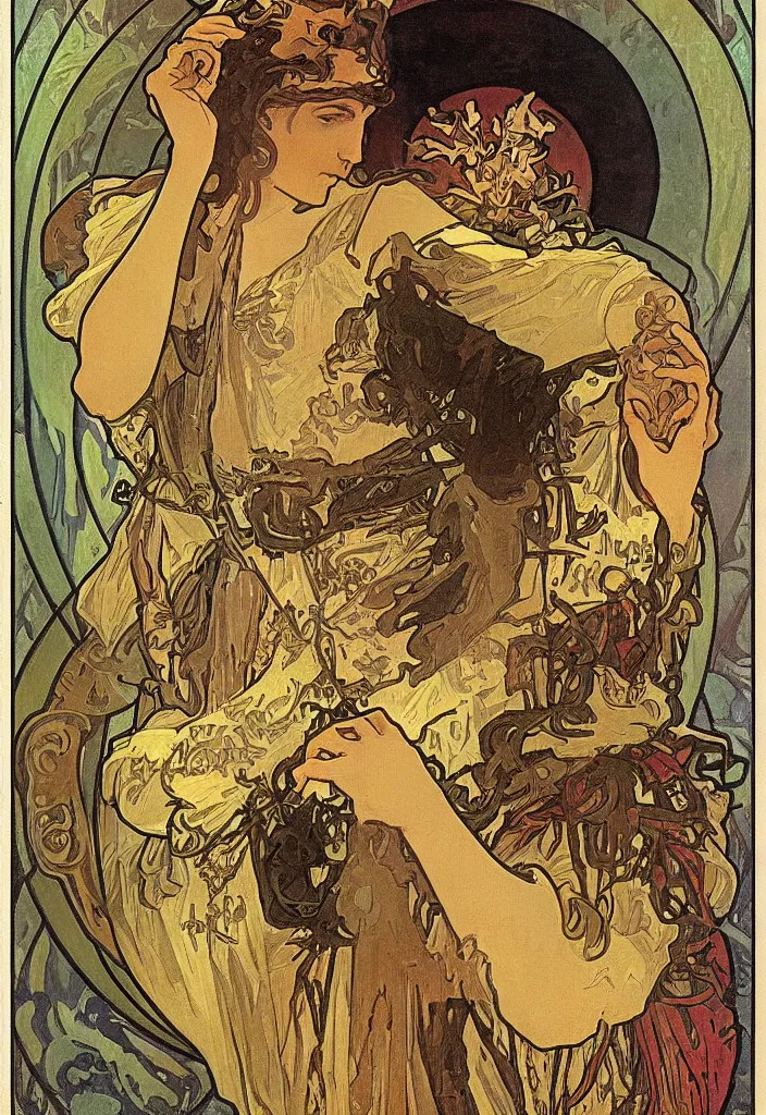 Image similar to the Fool on a tarot card, tarot in art style by Alphonse Mucha