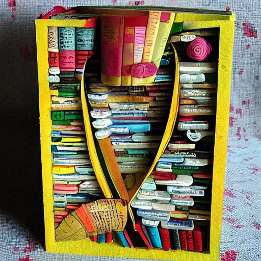 Prompt: recycled book art of disney's alice in wonderland