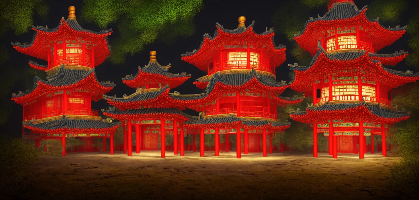 Image similar to a traditional chinese building in the forest at night, big round glowing multicoloured portal house, central symmetrical composition, incredible, vector art, octane render, fabulous, hyper detailed, random cinematic view, no noise, global illumination, warm lighting, volumetric, godrays, vivid, beautiful, by oliver beck