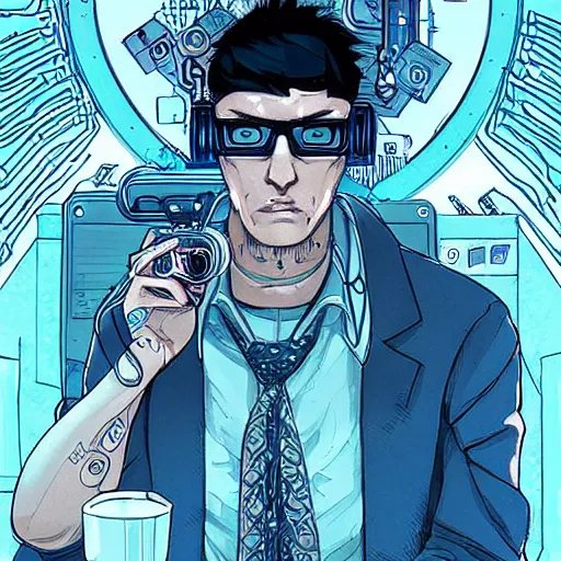 Prompt: a greedy cyberpunk ceo male with side swept short black hair and glasses, symmetrical tarot card artstation, hyperdetailed, dark lighting, artstation by james jean, moebius style