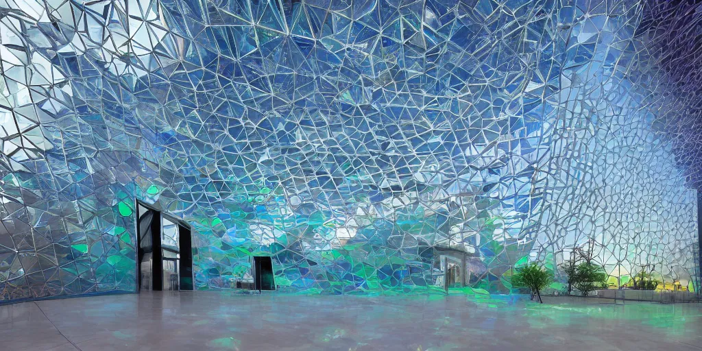 Image similar to futuristic translucent iridescent mosque exterior, hive power architecture by Buckminster Fuller and photo by Nick Hufton and Allan Crow , inspired by Mining by Risa lin on art station