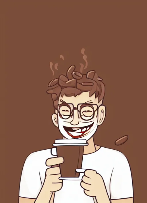 Image similar to a white young man drinking from a coffee cup, which is a brown flower, big smile, prominent big eyes, wise forehead, big lips, round portruding chin, background full of brown flowers, standout colours, thin sharp lines, digital painting, artstation, matte, sharp focus, illustration, moe artstyle