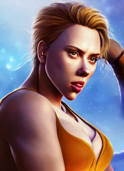 Prompt: a beautiful portrait of Scarlett Johansson as Dwayne the rock Johnson !dream Madison Beer as a video game character, digital art, unreal engine, unreal engine render, blender render, render, 4k, coherent