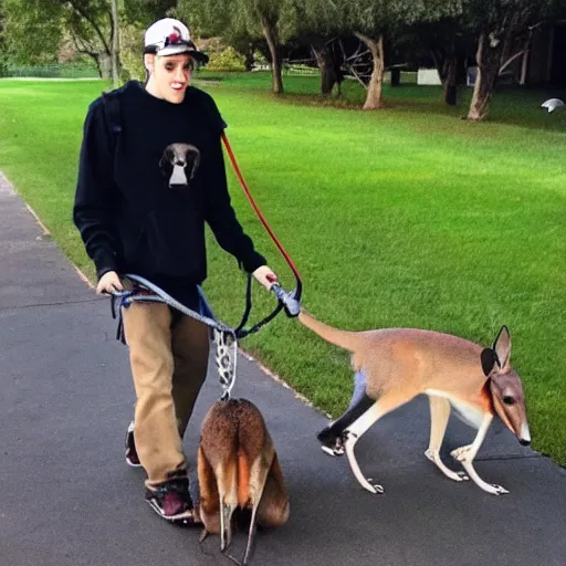 Image similar to Pete Davidson!!! walking a kangaroo, photo