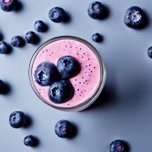 Prompt: delicious looking blueberry milkshake, blueberries on the side, 8 k resolution, professional food photography, studio lighting, sharp focus, center frame, hyper - detailed