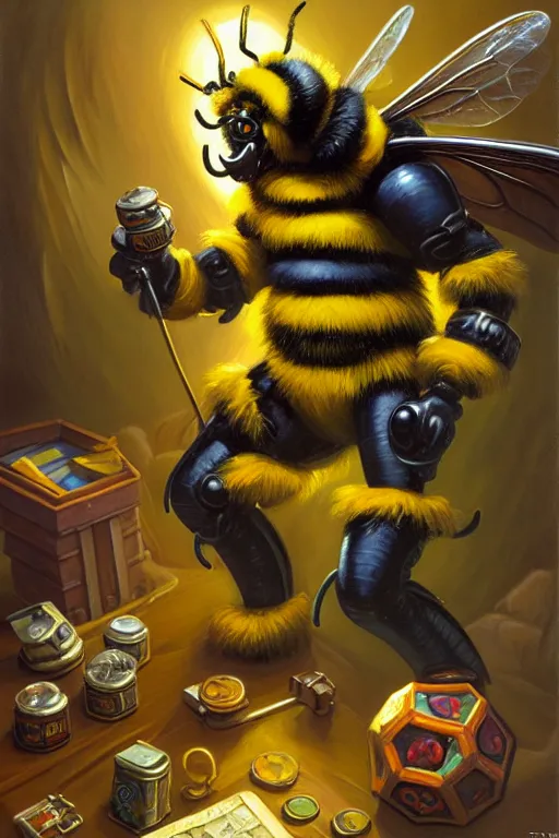 Prompt: classic oil painting, an adorable bumble bee, as a dnd character, inside a cluttered bedroom, cottagecore, highly detailed, digital illustration, concept art, smooth, sharp focus, art by tim hildebrandt, and greg hildebrandt