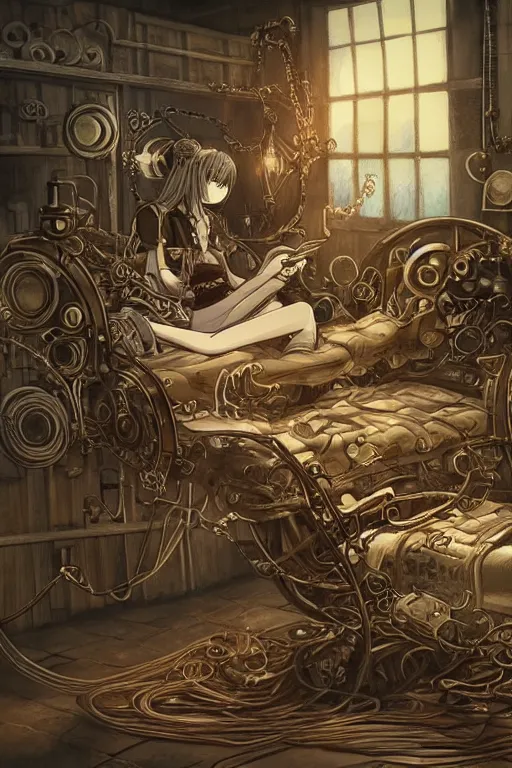 Image similar to anime style illustration, old sick dragon on a steam punk fainting couch with wires and gears and steam punk apparatus, artstation, matte painting, style of studio ghibli, featured in artstation and artgerm and pixiv, award winning, cinematic, elegant, intricate, 8 k