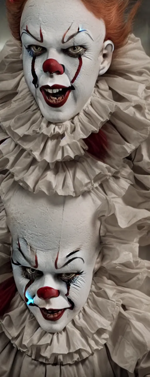 Image similar to a photograph of pennywise dressed as a doctor in a hospital, hyperdetailed, intricate, dramatic, horror movie, movie still, 4 k realistic, volumetric lighting, sharp focus