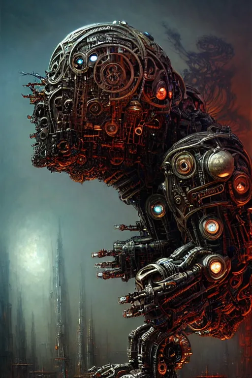 Image similar to A photo of a robot monster cyborg made of circuits wide view shot by ellen jewett , tomasz alen kopera and Justin Gerard, symmetrical features, ominous, magical realism, texture, intricate, ornate, royally decorated, android format, windows, many doors, roofs, complete house , whirling smoke, embers, red adornments, red torn fabric, radiant colors, fantasy, trending on artstation, volumetric lighting, micro details, 3d sculpture, ray tracing, 8k