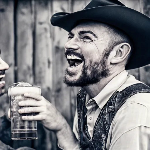 Prompt: epic portrait cinematic shot cowboy laughing and enjoy his drink of beer with friends, photography, realistic, detailed,