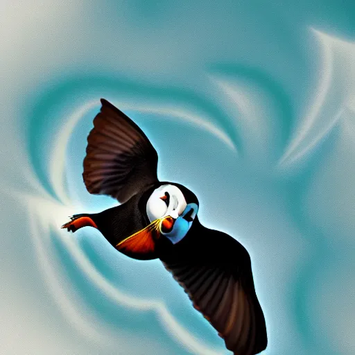 Image similar to puffin surfing, cinematic, cinematic lighting, trending on Artstation, Cgsociety, detailed, 4k, very realistic