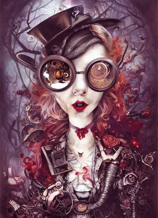 Image similar to alice in wonderland, angry, scary, cheeky, steampunk googles, highly detailed, cinematic, 8 k, by megan duncanson, benjamin lacombe, adrian borda, stanley artgermm, tom bagshaw, craig mullins, carne griffiths, ayami kojima, beksinski, giger, trending on deviantart, hyper detailed, horror, full of colour