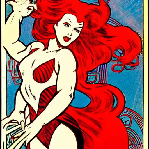 Prompt: a woman with red hair. she is a superhero, wearing a superhero costume. well composed, clean elegant painting, beautiful detailed face. retro comic book art by steve ditko and jack kirby and ( alphonse mucha )