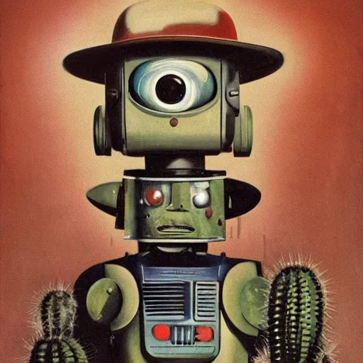 Prompt: 1950s retro cactus robot movie poster, without text. Bionic Arms and eyes. pop surrealism, muted colours. by Jean-Baptiste Monge, wide shot