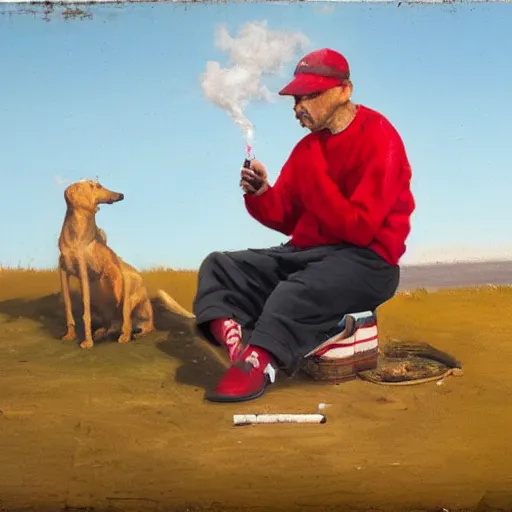 Image similar to a man in cheap and red used sportswear. he is smoking a cigarette. he is sitting on a dead dog. he is on the side of the road. he is wearing slippers. it is a rural scene, in poor village, dramatic lighting, hyper detailed, surreal, hyperrealism, oil painting