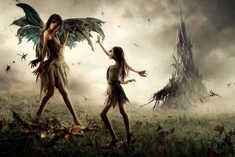 Image similar to A Lone beautiful fairy girl, with tattered wings and torn clothes ,fights off a hoard of undead monsters and zombies with an uzi, standing on a pile of bones, hyper realistic, octane render, cinematic, golden ratio, curved lines, the dark tower, dramatic lighting shadows, detailed illustration, 8k, intricate details, oil painting, 3d scene, render, ultra realistic, zenith view, Greg Rutkowski, artstation, cgsociety, level design, unreal engine, 3d scene, render, ultra realistic, zenith view, Enki Bilal style