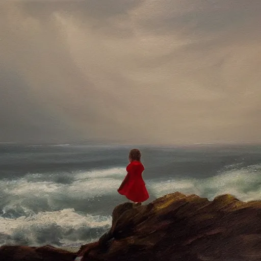 Prompt: A painting of a girl standing on a mountain looking out an approaching storm over the ocean, wind blowing, ocean mist, oil painting