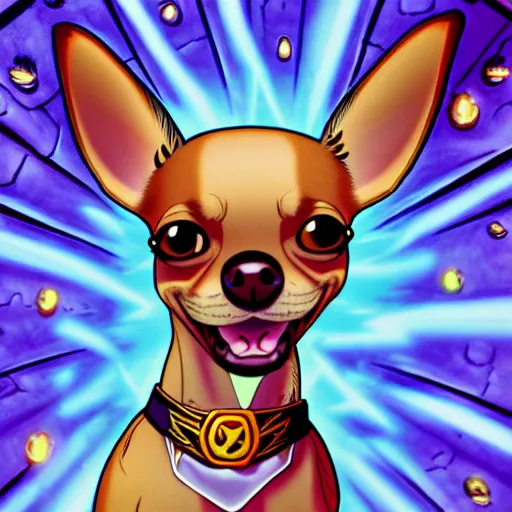 Image similar to a chihuahua with a third eye living in an extradimensional reality, in the style of 9 0 s and goof troop, illustration, epic, fantasy, hyper detailed, smooth, unreal engine, sharp focus, ray tracing, physically based rendering