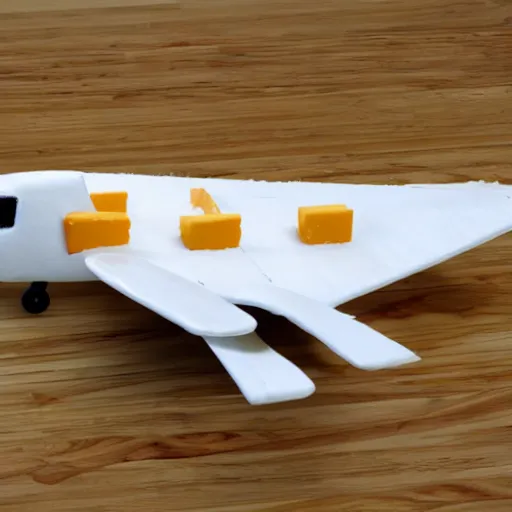 Prompt: a plane made of cheese, in air