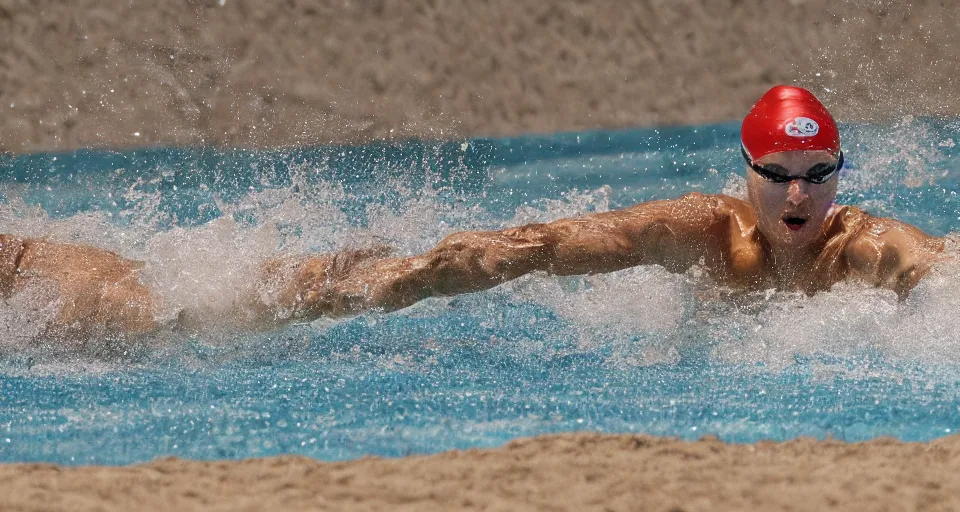 Image similar to olympic swimming in sand instead of water, extremely coherent, motion blur