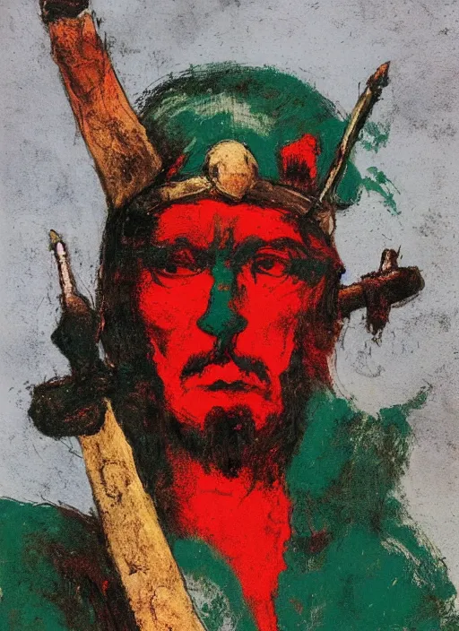 Prompt: portrait of barbarian on mountain, coherent! by mariusz lewandowski, by frank frazetta, deep color, strong line, red green black teal, minimalism, high contrast