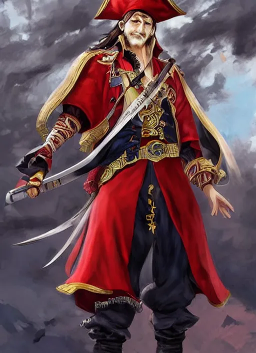 Prompt: a pirate king, old - trimmed uniform with a red sash around his waist, stern expression, blue eyes. hd, 8 k. anime. final fantasy concept art. artwork by wen yu li, art by wen yu li.