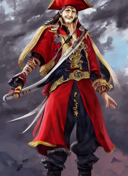 Image similar to a pirate king, old - trimmed uniform with a red sash around his waist, stern expression, blue eyes. hd, 8 k. anime. final fantasy concept art. artwork by wen yu li, art by wen yu li.