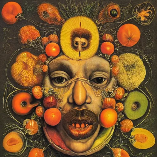 Prompt: album cover, new age, black, white, orange, psychedelic, giuseppe arcimboldo