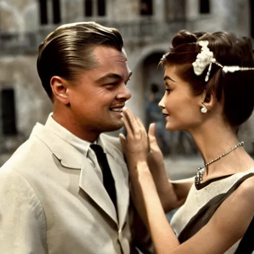 Image similar to Leonardo DiCaprio and Audrey Hepburn in Roman Holiday, movie still