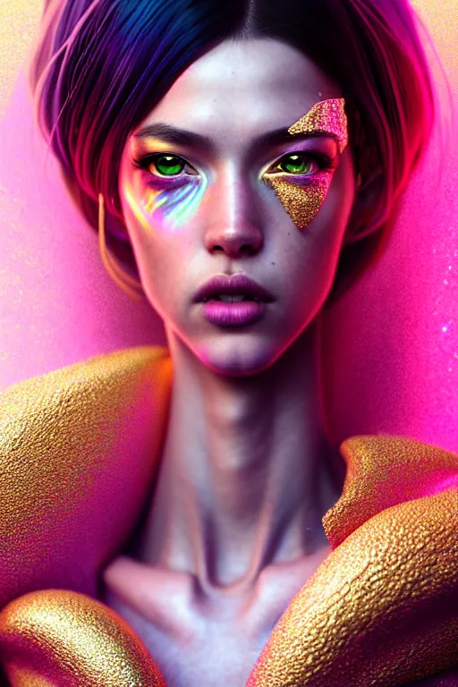 Prompt: hyperdetailed portrait of a stunningly beautiful european girl androgynous guard made of iridescent metals shiny pink gems, bright rainbow gold sparkled nimbus, inspired by ross tran and wlop and masamune shirow and kuvshinov, concept art, intricate, photorealistic, octane render, rtx, hdr, unreal engine, dnd digital art by artgerm