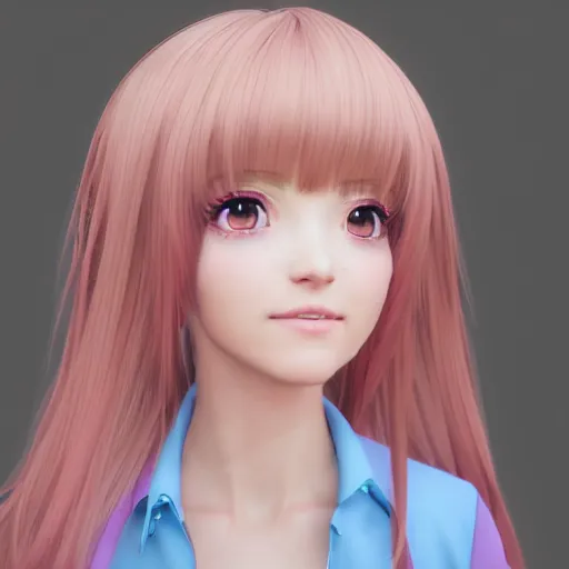 Image similar to Render of Nikki from Shining Nikki Dress-Up Game, a cute 3D anime young woman, long light pink hair, full bangs, full round face, hazel amber eyes, pale skin, Chinese heritage, smiling softly, wearing casual clothing, medium shot, mid-shot, comfortable mood, hyperdetailed, trending on Artstation, Unreal Engine 4k